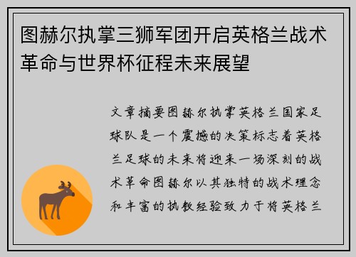 图赫尔执掌三狮军团开启英格兰战术革命与世界杯征程未来展望